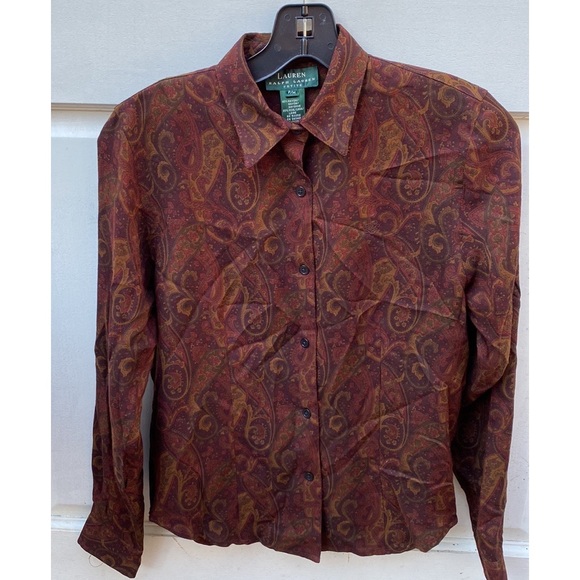 Lauren Ralph Lauren button down brown shirt paisley size petite P M - Picture 2 of 16